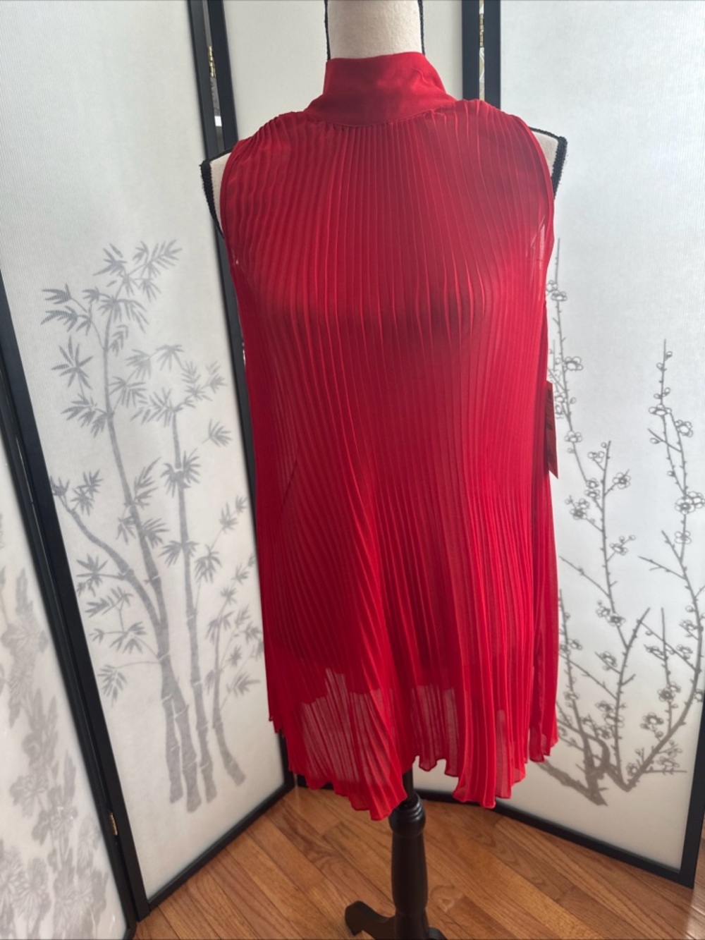 Zara Vibrant Red Pleated High-Neck Sleeveless Top